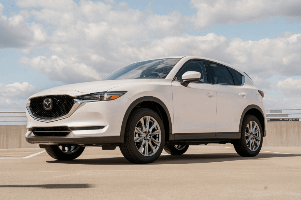 The front bumper area of a modern Mazda CX-50 or Mazda3 contains, at minimum: a forward-facing radar unit for the Smart Brake Support and Radar Cruise Control systems, a front camera for Lane Keeping Assist and Traffic Sign Recognition, and ultrasonic sensors for front parking detection.